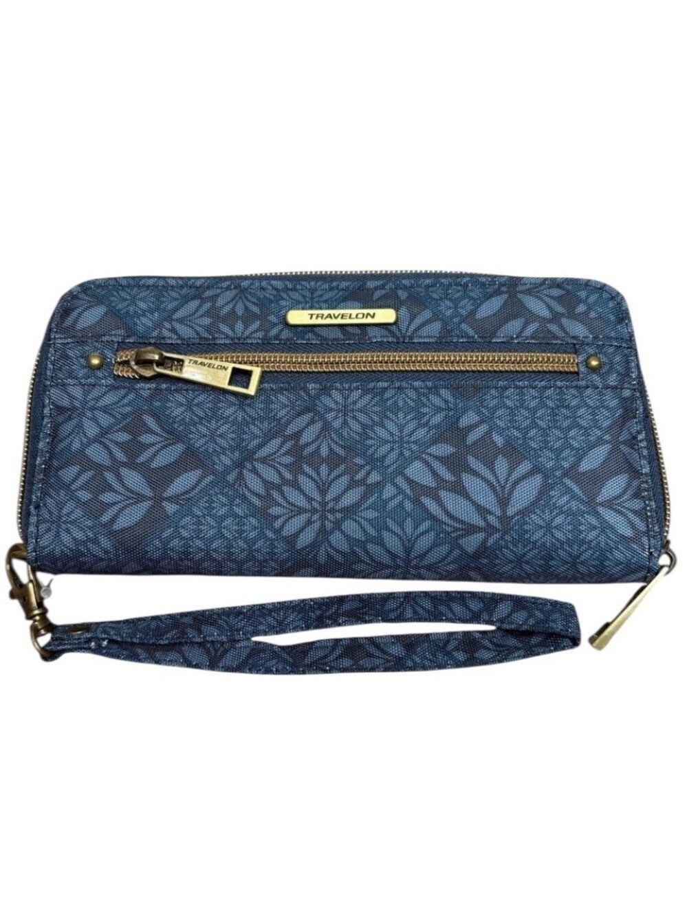 Travelon RFID Blocking Wristlet Clutch Wallet in Blue and Navy Leaf Print